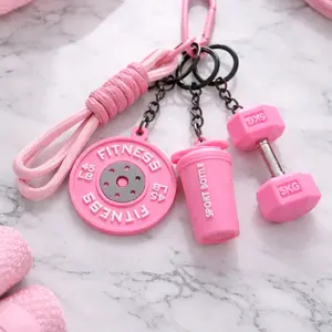 Pink Fitness Keychain Set with 5KG Dumbbell, 4.5LB Plate, and 5KG Sport Bottle for Gym Enthusiasts