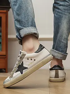 Men's Vintage Starry Leather Athletic Sneakers, Breathable Mesh Retro Board Shoes, Distressed Dirty Style, Spring Summer 2026 Fashion