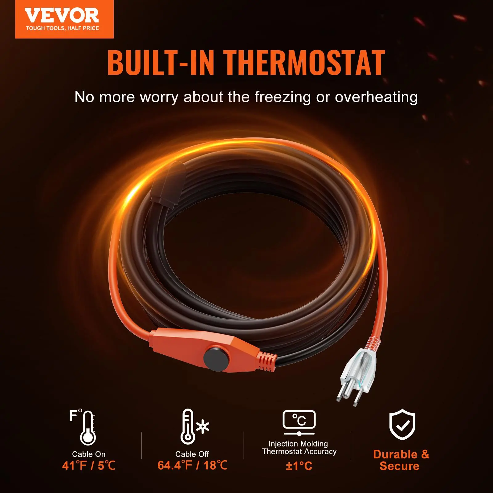 【DealsForYouDays】VEVOR Pipe Heating Cable 30FT 7W/FT Heat Tape for Pipes with Built-in ThermostatWater Pipe Heat Cable Protects PVC HoseMetal and Plastic Pipe from Freezing