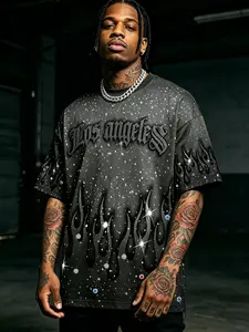 Men's New Rhinestone Flame Print T-Shirt, Asymmetrical Long Tee, Casual Y2K Street Style Streetwear, Menswear, Perfect for Music Festivals & Street Photography