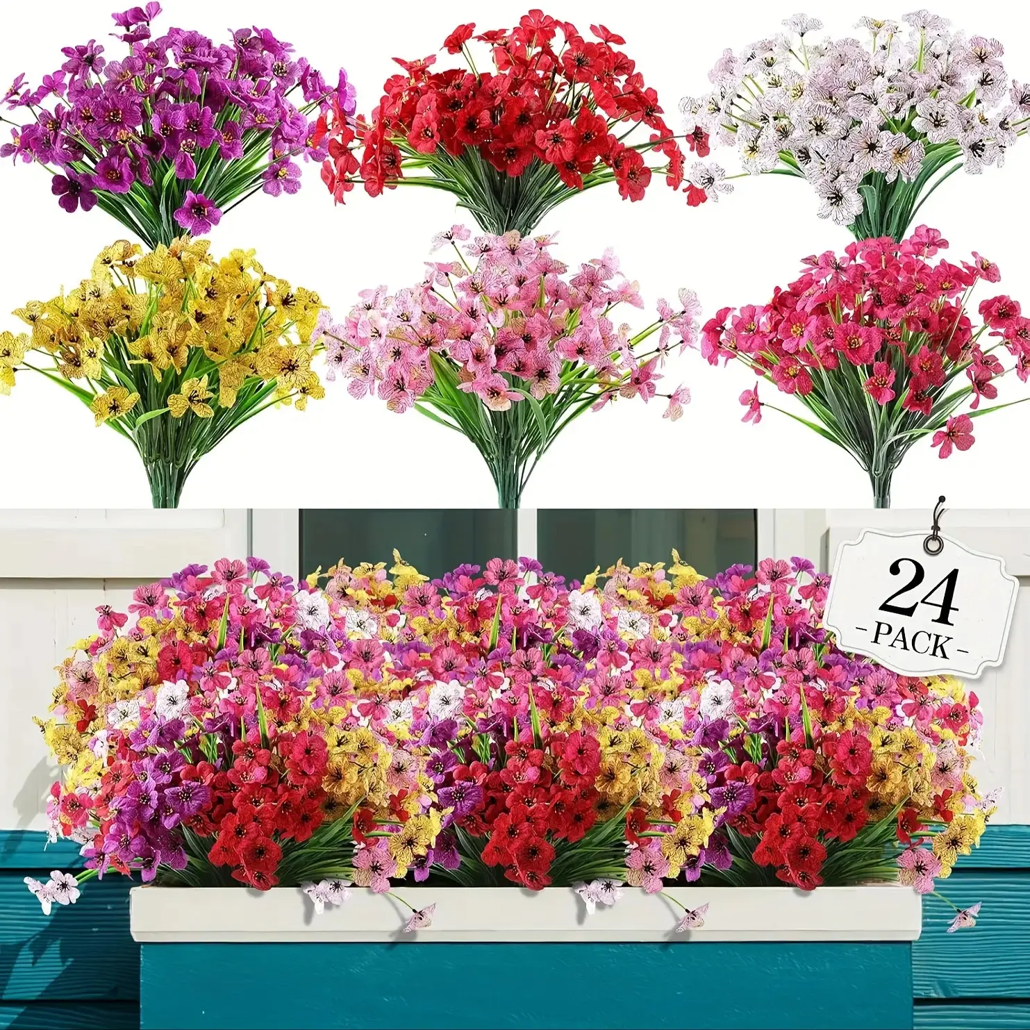 12-Piece Bright Color Plastic Outdoor Artificial Flowers, Decorative Ornaments for Hanging Pots, Porches - Low-Maintenance Home Decor, Wedding Centerpieces