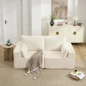 Tbfit Cloud Modular Loveseat Sofa, Oversized Deep Seat Corduroy Couch with Angled Armrests, No Assembly Comfy Lounge Sofa, White, Summervibes, 2-Seater Sofas & Couches