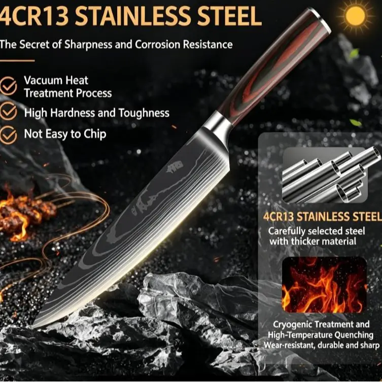 PM-Damascus Pattern Alloy Steel Chef's Knife - Resin-Handled Kitchenware, Versatile Daily Meat Cutting Portable Kitchen Tool, Alloysteel