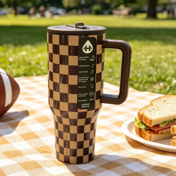 Hydrojug 40oz Brown Checkerboard Insulated Tumbler - Portable, Stylish Vacuum Flask Drinkware with Straw, Large Capacity for Fall/Winter Commute & Office Use, Elegant Valentine Gift for Girls