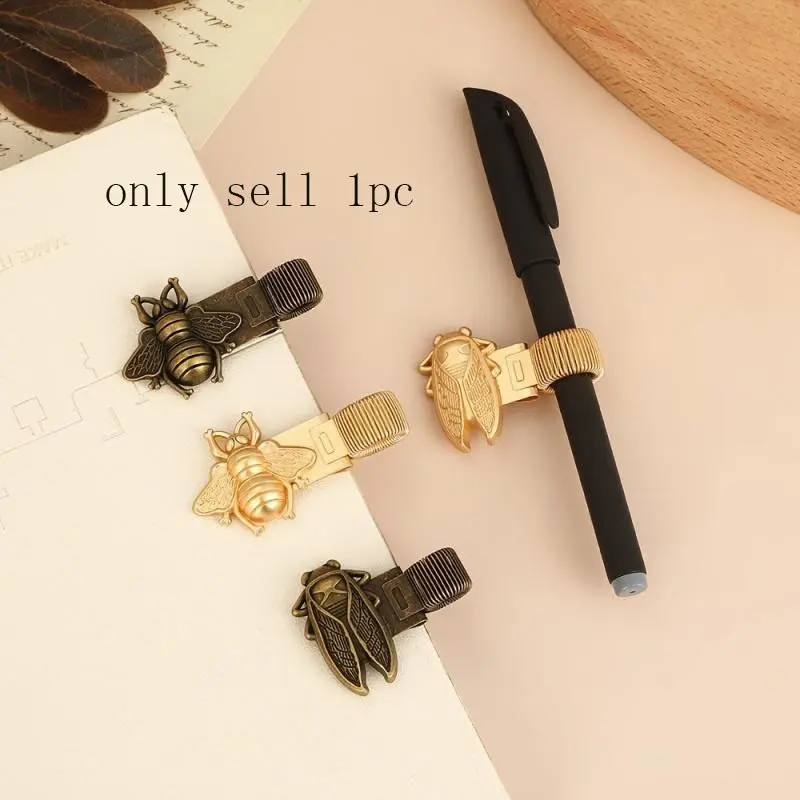 1pc insect-themed metal pen holder with spring-loaded vintage-colored simple metal clip, suitable for notebooks, school supplies, teacher and student stationery, Desk Accessories, Office Desk Accessory, and office supplies