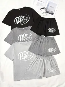Three-Piece Pajama Set for Women, Short Sleeve and Shorts, Pepper Doctor Logo Print, Casual Loose-Fitting Sleepwear, Loungewear, Lounge Pajamas, Pjs, Pajama Clothes, Womenswear