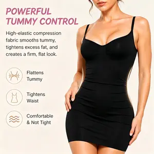 Women's Lady Basic Clothes Summer Exclusive Seamless Tummy Control Bodycon Dress - Booty Lift Compression Shaper, Adjustable Straps, Mid-Thigh Solid Color Slip, Curve-Hugging Firming Shapewear Minimalist Womenswear