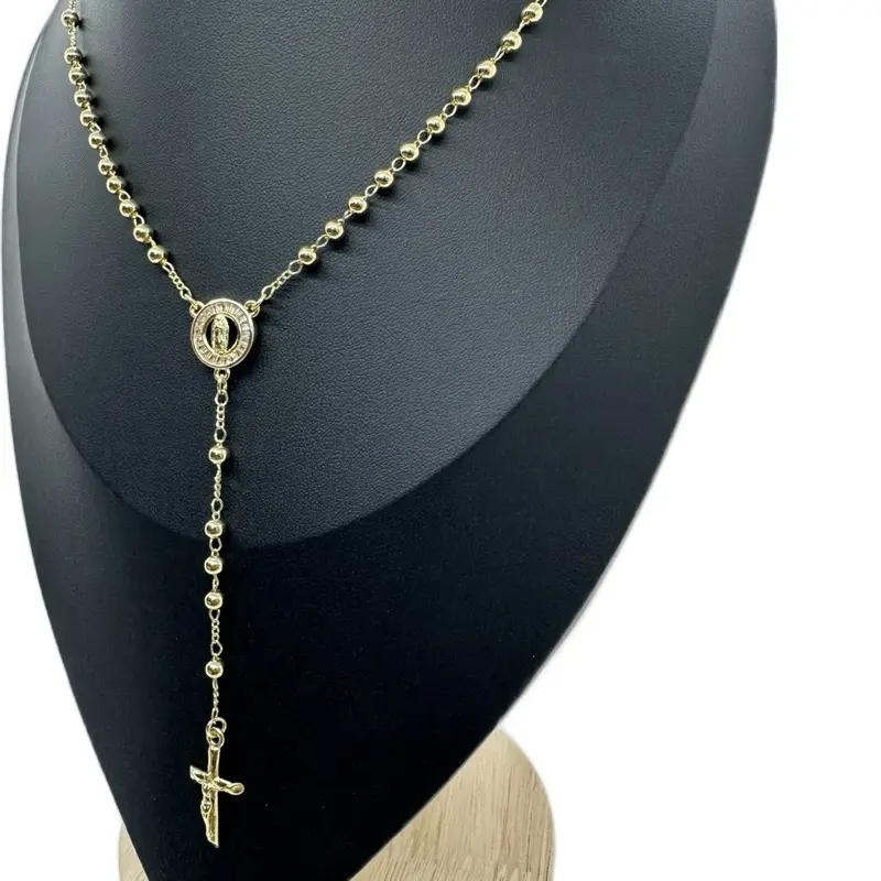 Gold-Plated Rosary Necklace with Virgin Mary Pendant and Cross Charm