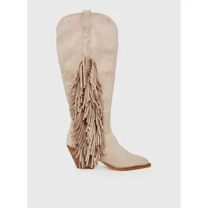 Billini Ardie Faux Suede Tassel Cowboy Boots Light Beige