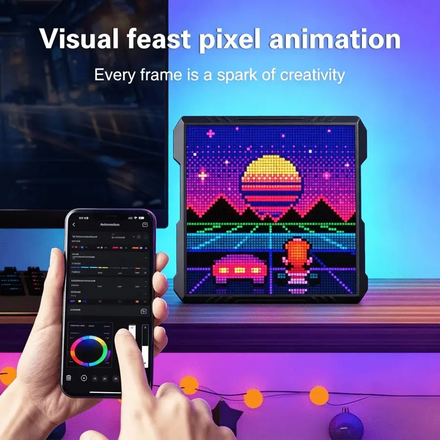 32×32 LED Pixel Art Display - App-Controlled Programmable Square Frame with Custom Animations, Images, Text, Graffiti, Customize Art, Plastic Body, Retro Look, Indoor Use, Desktop/Wall-Mounted RGB Screen for Gaming Room Decor