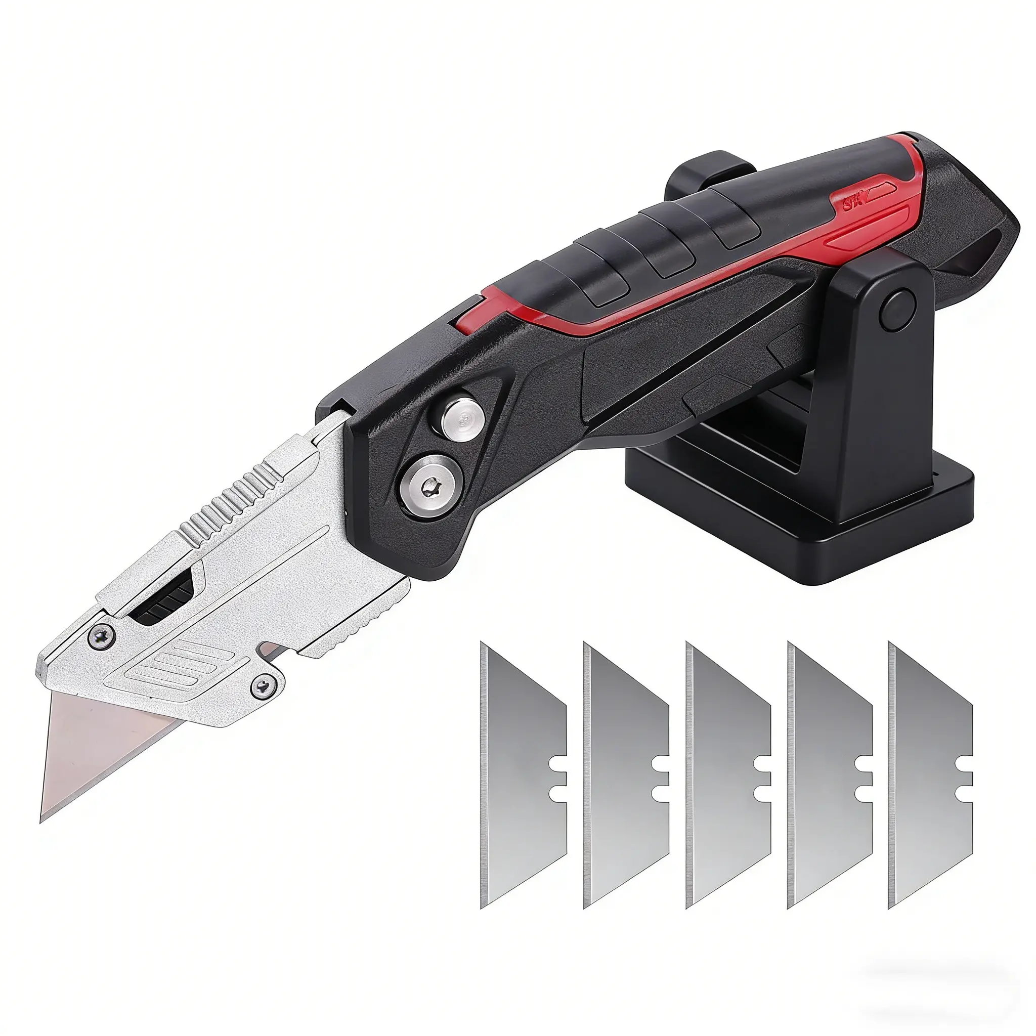 Heavy-Duty Folding Box Cutter, High Hardness Stainless Steel EDC Tool with Razor Sharp Blade, Comfortable Handle, Felt, 5 Blades Included, High Cutting Efficiency for Drywall, Plastic Boards, Boxes, Folding Design
