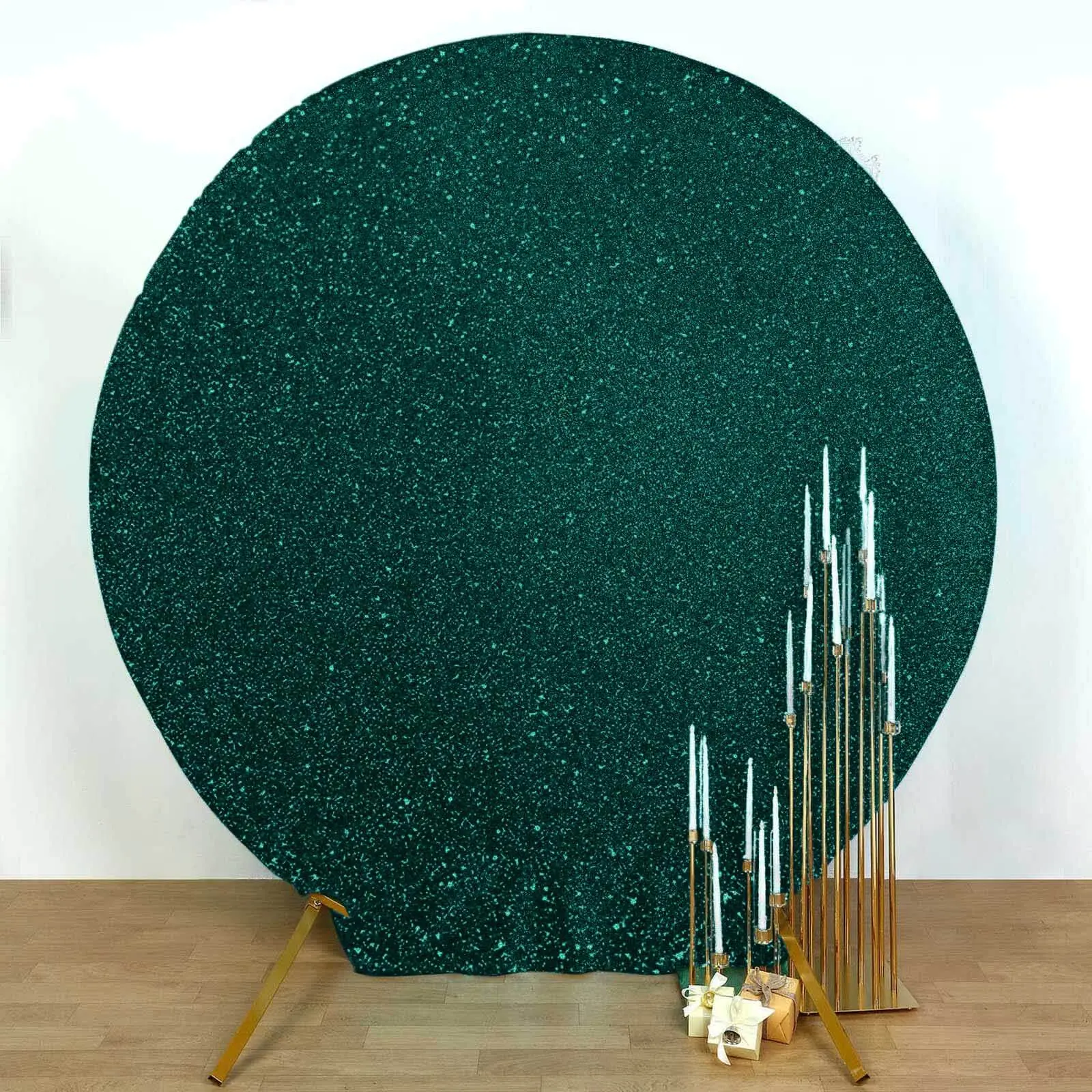 Stretch Hunter Emerald Green Metallic Shimmer Tinsel Spandex Backdrop - 2-Sided 7.5ft Round Wedding Arch Cover, Machine Washable Party Decor for Weddings, Baby Shower, Birthday Ceremony Festive Home Supplies