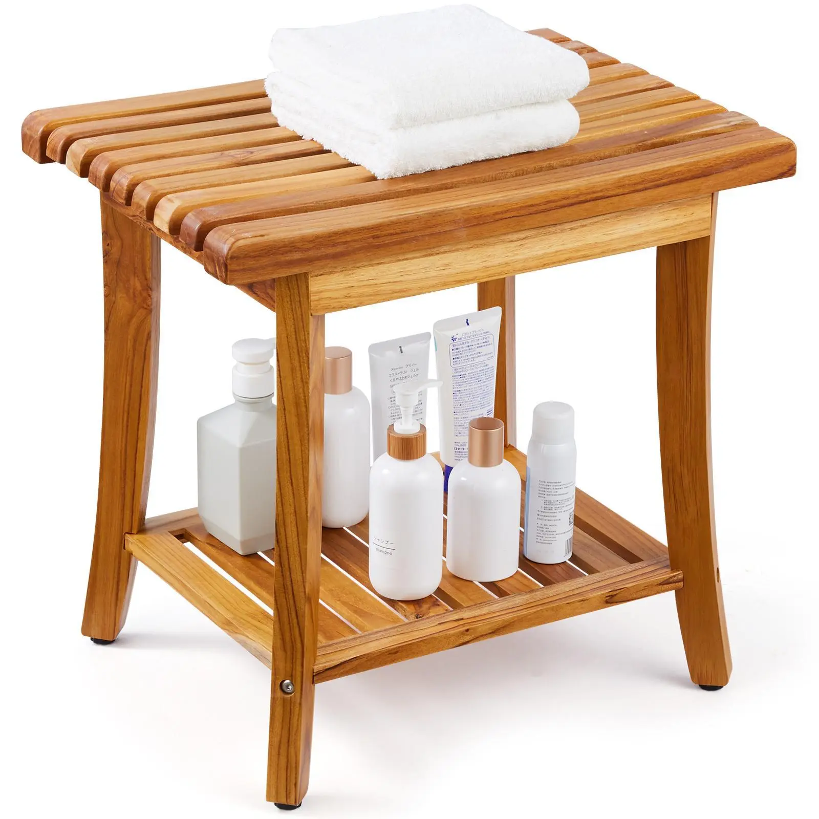 【summerfinds】VEVOR Teak Shower Bench, 20 x 14.3 x 17.9 in, Waterproof Wood Shower Stool with Storage Shelf Non-Slip Foot Pads, 400 lbs Maximum Load Capacity Shower Chair Seat, for Bathroom Indoor and Outdoor Use