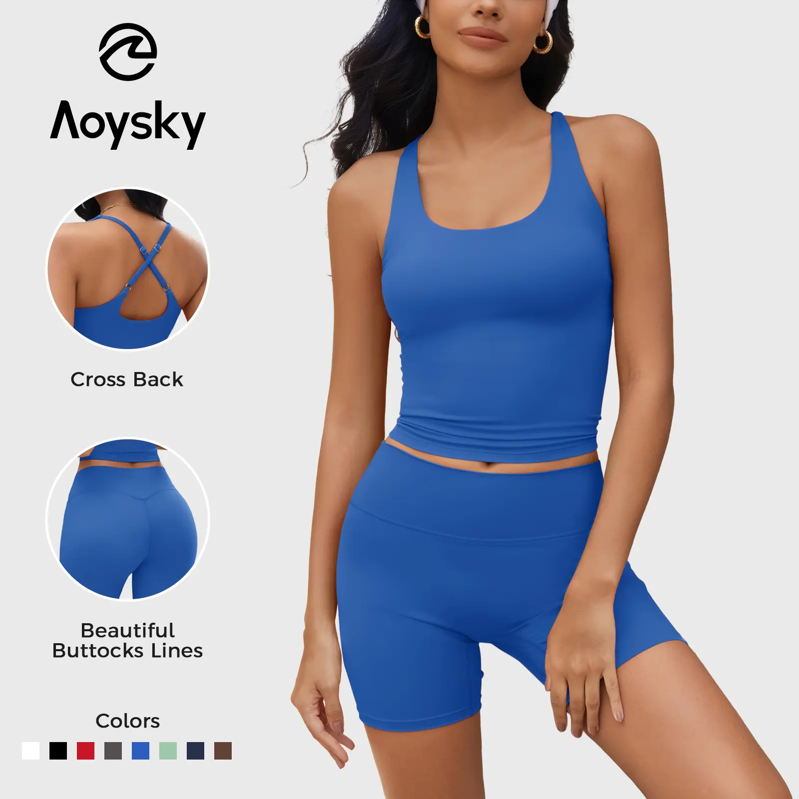 Aoysky Women's 2-Piece Gym Outfits Set - Cross Back Padded Halter Top, High Waisted Biker Shorts, 2 Pcs Matching Short Sets for Women's Pilates Activewear