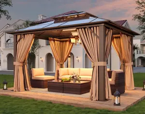 Aoxun 10'x12' Permanent Hard Top Gazebo, 2-Package Shipping, Double Wall Polycarbonate Roof Canopy, Aluminum Metal Frame, Curtains & Mosquito Netting, for Patio, Garden Decor, Brown&Gray, Metal Frame Canopy