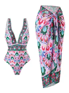 Women's All Over Print One-Piece with Cover Up Skirt Set, Elegant Fashion Swimwear Set for Beach Holiday Vacation, Ladies Swimsuit for Summer, Beach Bathing Suit, Leaf Print Swimsuit, Swimwear Coverups