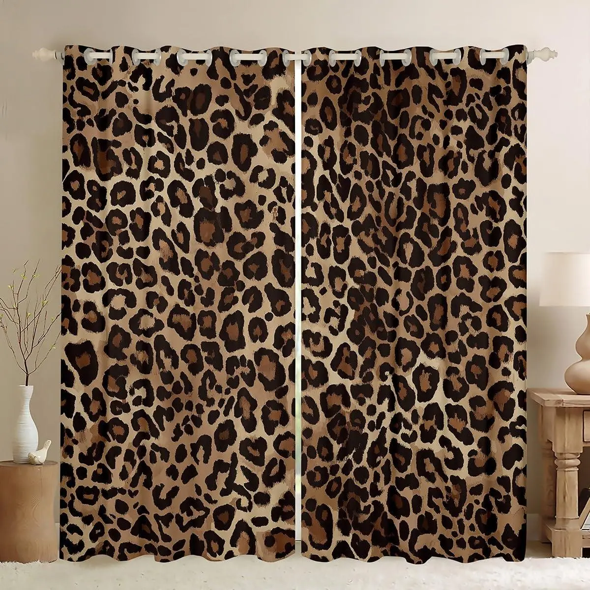 Feelyou 2-Piece Velvet Blackout Light Filtering Drapes - All-Over Animal Print, Brown Retro Geometric Safari Style, Multi-Size Textile Decor for Living Room,Bedroom, Animals-Themed Curtains, Machine Wash, Tumble Dry Low, Warm Iron, Do Not Bleach