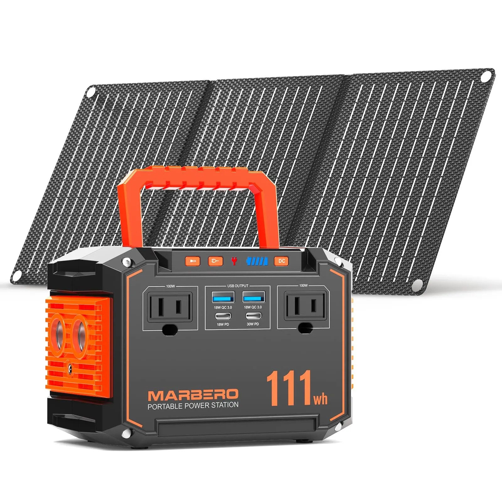 MARBERO 111Wh Solar Generator with 30W Solar Panel Portable Power Station with 2 x 100W AC Outlets(150W Surge) 6 Output Ports Built-in Flashlight for Camping Essentials Power Outage Outdoor Emergency, Portable Power Supply, Battery Power Station