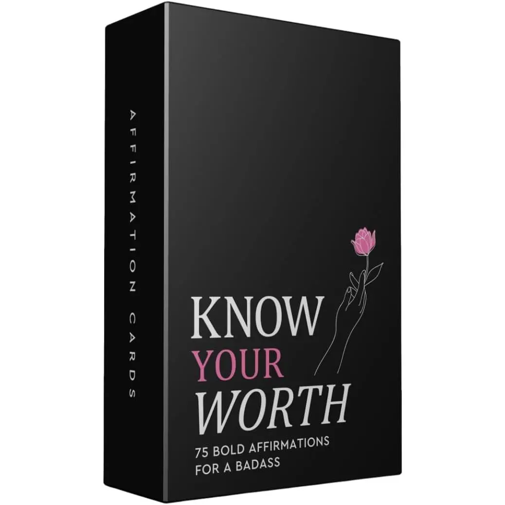 Know Your Worth – 75 Daily Affirmation Card Deck for Confidence, Self-Love & Empowerment – Motivational Cards with Quotes for Women, Teens & Adults – Sassy Self-Care Gift