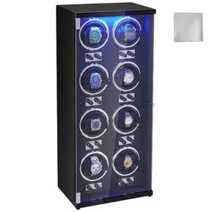 fathersdaygift VEVOR Watch Winder, Watch Winder for 8 Men's and Women's Automatic Watches, with 8 Super Quiet Japanese Mabuchi Motors, Blue LED Light and Adapter, High-Density Board Shell and Black PU