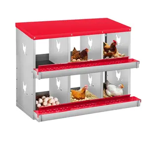 6 Compartment Chicken Nesting Box, 2 Layer Wall Mount/Free Standing Poultry Nest for Chickens, Hens, Ducks, Metal Chicken Laying Boxes with Perch, Secure Lid, Vented Holes, Red