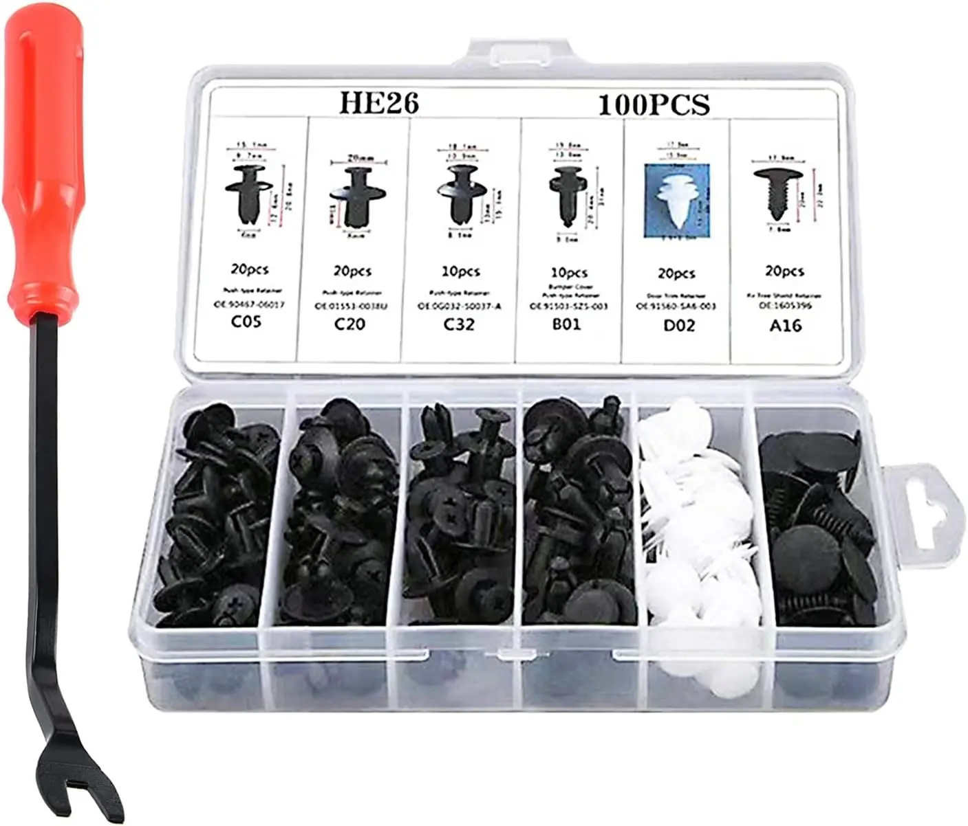 100PCS Car Bumper Retainer Clips, 6.3mm-10mm Nylon Fasteners Rivet Replacement Kit, Push-in Screw Bumper Push Rivet Clip with Removal Tool, Suitable for Most Models, An additional 30 spare parts tools will be given as a gift, for a total of 130 pieces