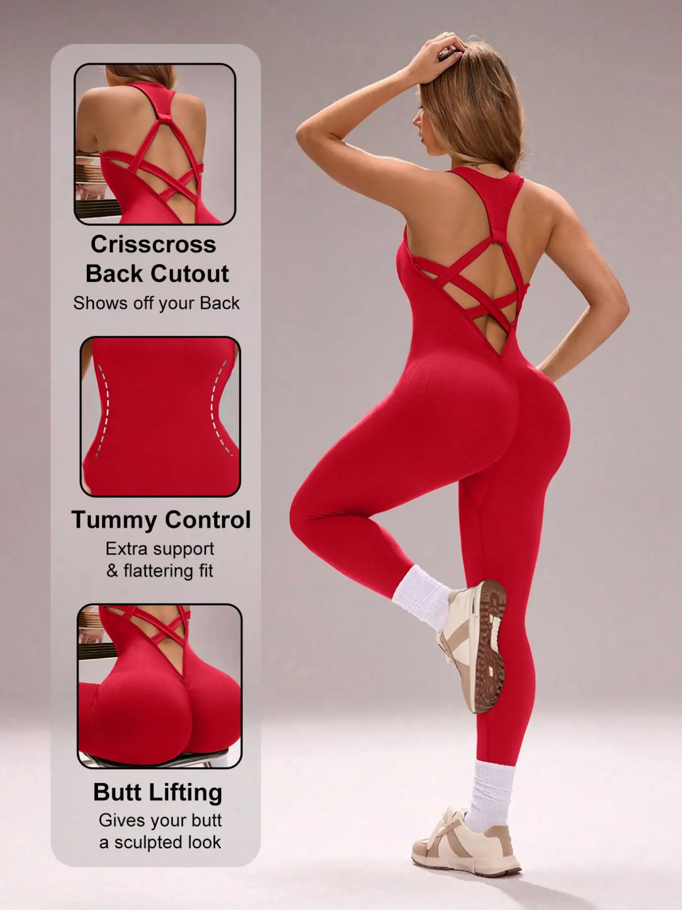 Crisscross Backless Seamless Shaping Yoga Jumpsuit Tummy Control Butt Lifting High Waist Workout Bodysuit Sports Jumpsuit Ribbed Gym Jumpsuit Activewear Jumpsuit for Women