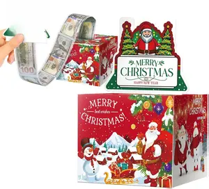 Merry Christmas Day Money Box with Pull Out Card for Cash Gift Set Cash Holder DIY Fun Xsmas Surprise Party Decor-Red