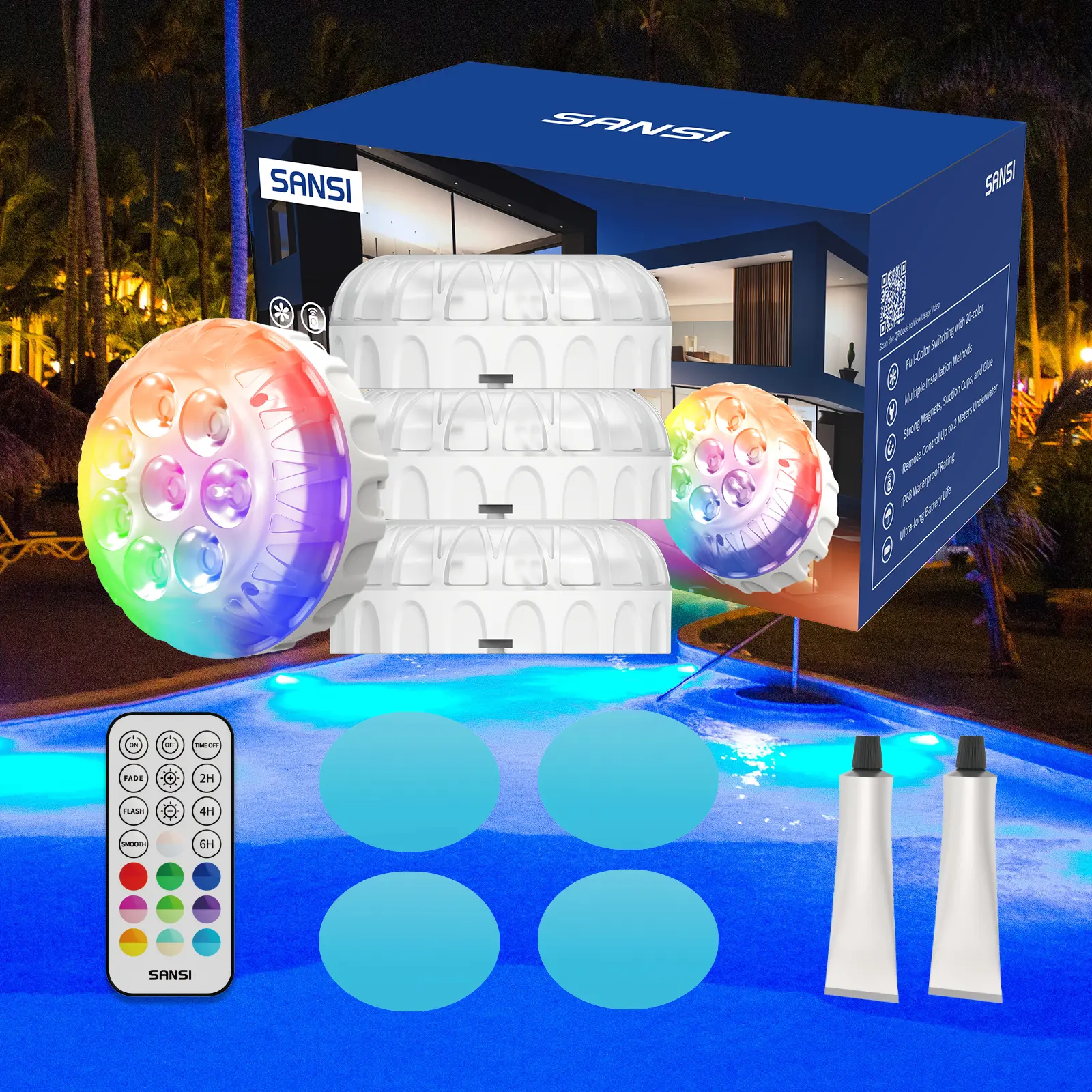 SANSI Poolside Light, Waterproof Color-Changing LED Light for Swimming Pool, Pond, Garden & Shower, Magnetic Mount, RF Remote, Battery-Powered Underwater Lighting Outdoor Decorative