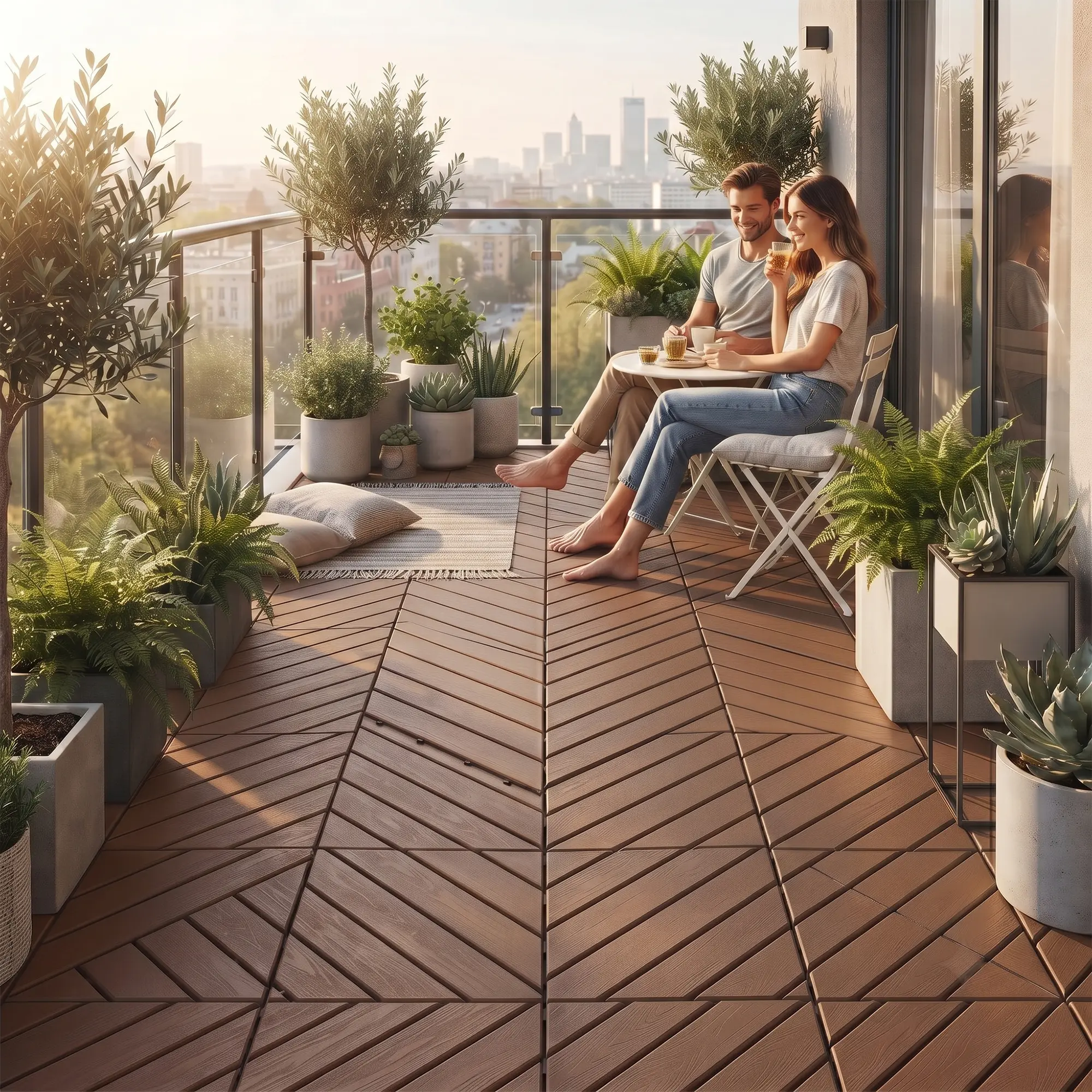 Snap-Together Plastic Interlocking Deck Tiles, 44-Pack 12"x12" Standard Size Brown Waterproof Non-Slip All-Weather Drainable Outdoor Flooring for Poolside & Patio