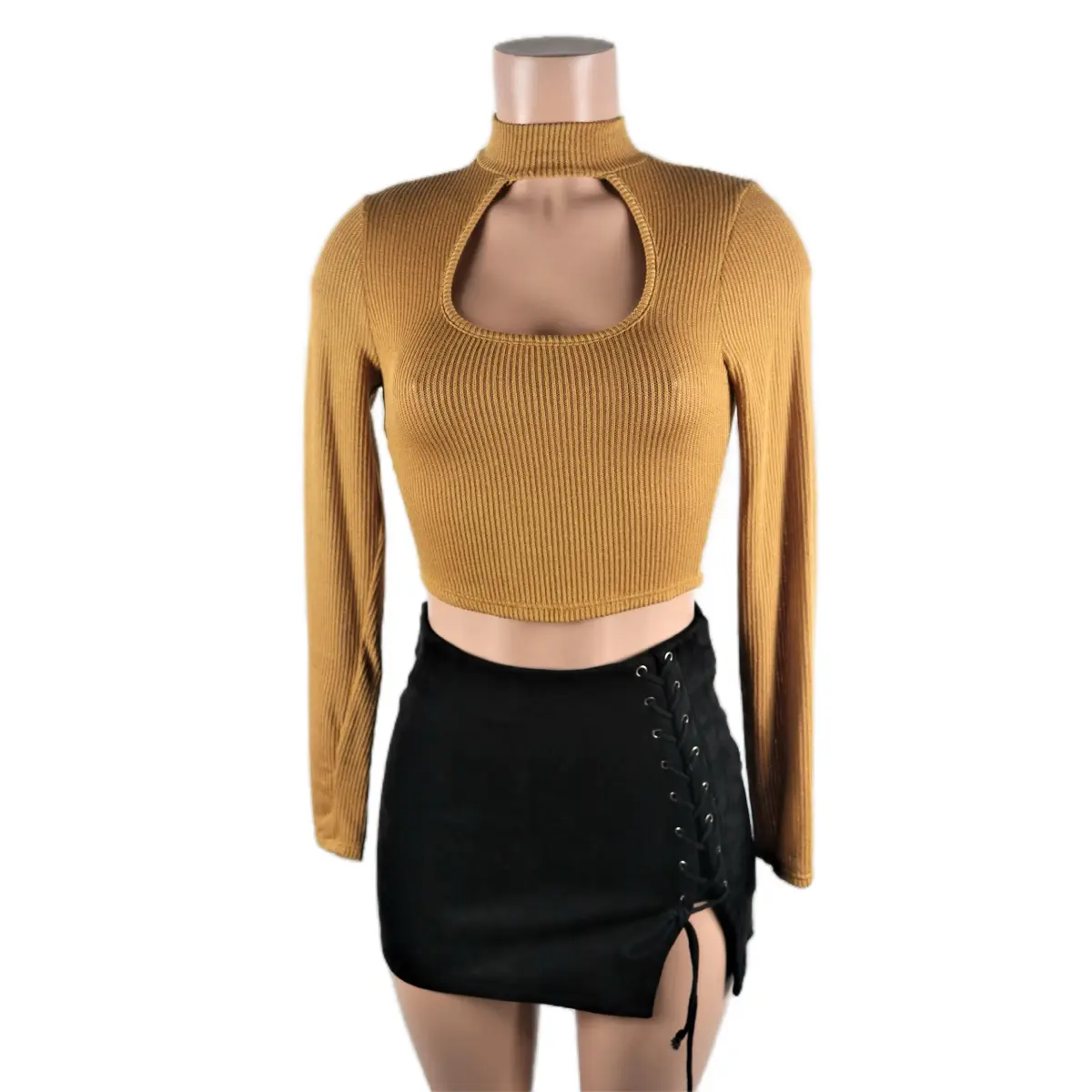 Camel Choker Crop Top Long Sleeve for Women - Basic Casual Blouse Ribbed Polyester Shirts