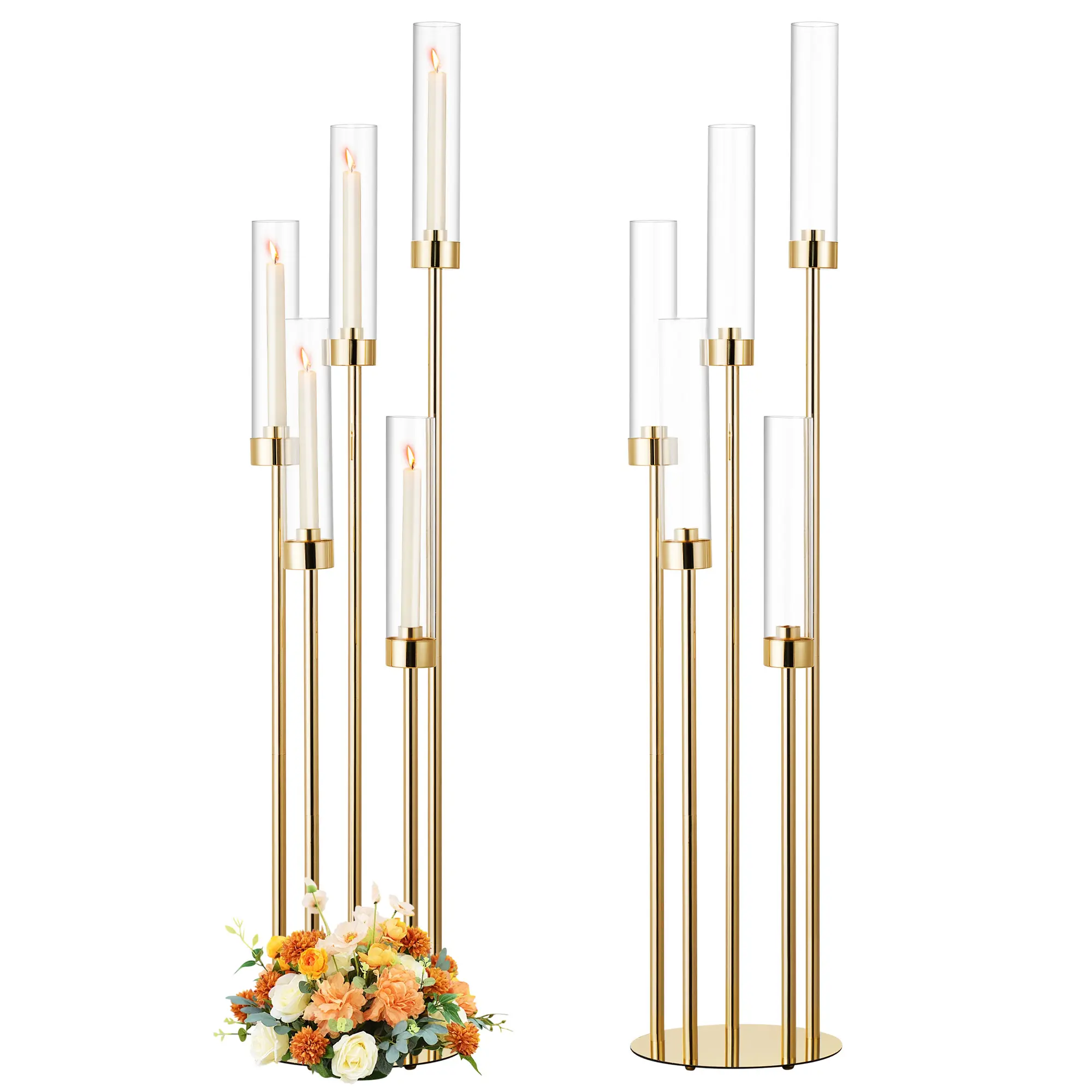 40" Tall 5-Arm Floor Candelabra Stand, Modern Metal Candle Holder with Shatterproof Acrylic Shades, Luxury Wedding Centerpiece for Reception, Galas & Party Events