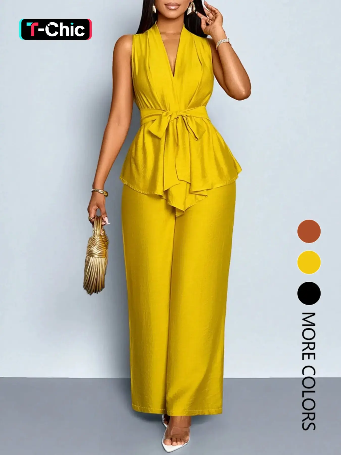 This women's summer casual two-piece set, Palazzo set, with solid-color, belted V-neck sleeveless shirt and wide-leg trousers. The relaxed fit is perfect for warm weather loungewear set