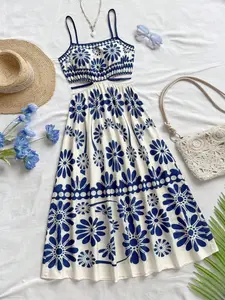 Women's Tropical Floral Vintage Print Hollow Out Tie Waist A-Line Midi Dress, Vacation Style Resort Wear, Elegant Summer Clothing
