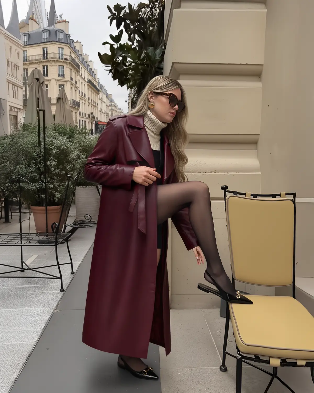 Leather Double-Button Trench Coat in Burgundy Leather Double-Button Trench Coat in Burgundy