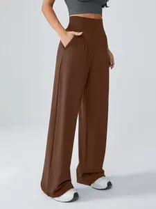 Women's Spring Summer Knitted High Waist Yoga Straight Leg Pants, Dual Pockets, Casual Commuter Wear, Perfect for Leisure