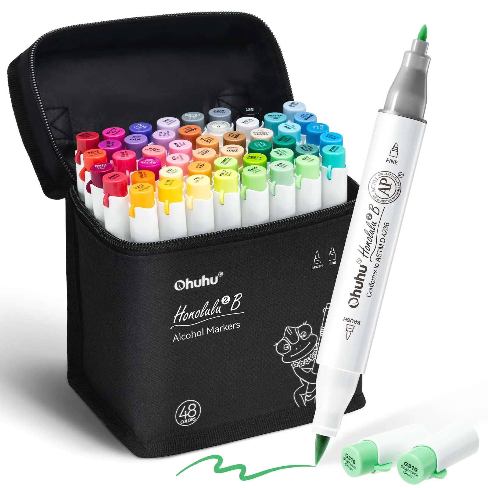 Ohuhu Alcohol Markers: Brush& Fine / Chisel - 48 Basic Colors for Adults Coloring, AP Certified Refillable Dual Tips Marker for Artist Beginner Drawing Illustration Sketching - Honolulu 2 & 2B Series of Ohuhu