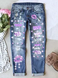 Bestie Matching Set in Pink and Purple Floral Diamond Print Shimmering Comfortable Soft Breathable Fabric Elastic Waistband Design Button Streetwear Retro Casual Style All Seasons Women's Clothes Jeans