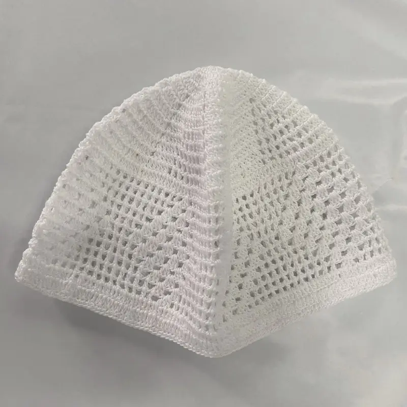 MuslimNova Islamic Mens Saudi Topi Hat Skull Cap Prayer Hats Turkish Kufi Head Wear White Crochet Design