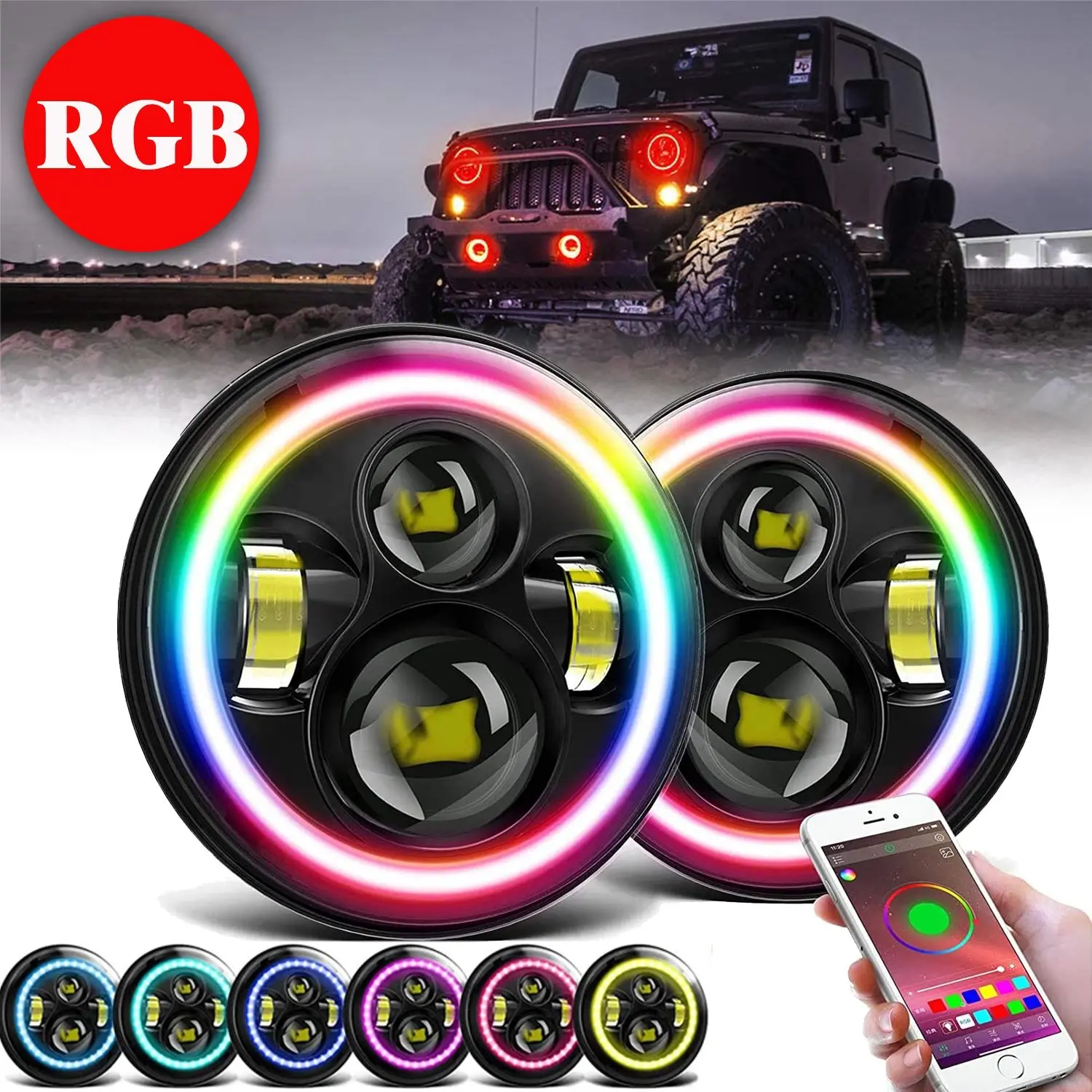 NEW 7'' RGB LED Headlights Halo DRL Lights Combo Kit For Jeep Wrangler JK TJ LJ
