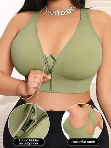 Plus Size 1-4XL Women's Front Zip Backless Sports Bra, Strappy Workout Bra, Criss Cross Shoulder Straps, Medium Support, Yoga Workout, Casual Daily Wear, Yoga Workout Activewear, Gym Workout Wear, Women Workout Clothes