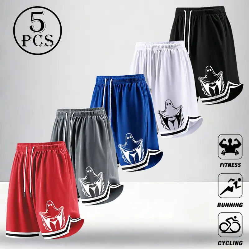 Men Funny Ghost Graphic Basketball Shorts Striped Hem Elastic Drawstring Mesh Athletic Workout Shorts Casual Summer Streetwear Jog Shorts,funny ghost line print mesh basketball shorts,creepy cute ghost graphic workout shorts