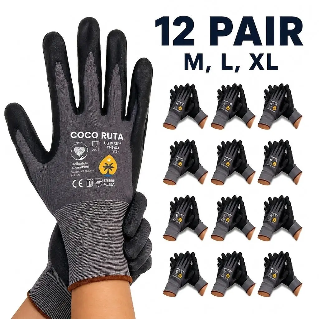 12 Pairs COCO RUTA 34-874 Multifunctional Safety Gloves, Construction-Grade Anti-Slip Coated Palm Work Gloves, Comfortable Grip Nitrile Micro Foam Men’s Home Improvement Security Gear