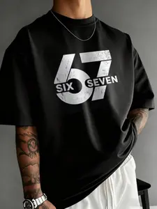 Men's Casual Street Style 67 Number Print Short Sleeve T-Shirt, Slim-Fitting, All over Print, Summer Wear, No Zipper, No Button