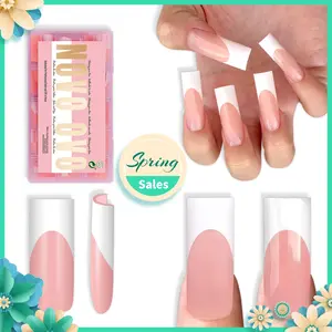 NOVO OVO Long Sharp Square White French Tip Nail Tips Press on BABY PINK, Extra Thick NEED Builder Gel & Top Coat & Glue, Soft Gel full Cover False Fake Nail Extension for Salon DIY x 15 Sizes 180 pcs【NO GLUE ,TOP COAT AND LAMP INCLUDED】