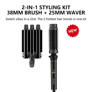 Multi-2-in-1 Beachwaver curler, Curling Iron, Velcro Rollers, bombshell curls, haircurler, curling wand, Fast Heat Up 38mm Volume Brush and 25mm 3-Barrel Waver, Dual Voltage, Interchangeable Barrels, VNEXPORT SD-691 Kit #SummerWins #DealsForYouDays