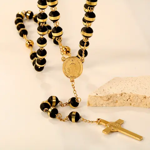 A vintage portrait black bead cross stainless steel pendant necklace, a classic retro accessory for everyday fashion, suitable for both men and women