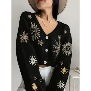 Women's V Neck Single Button Sun Star Embroidery Knit Sweater, Loose-Fitting Long Sleeve Casual Cardigan for Fall & Winter