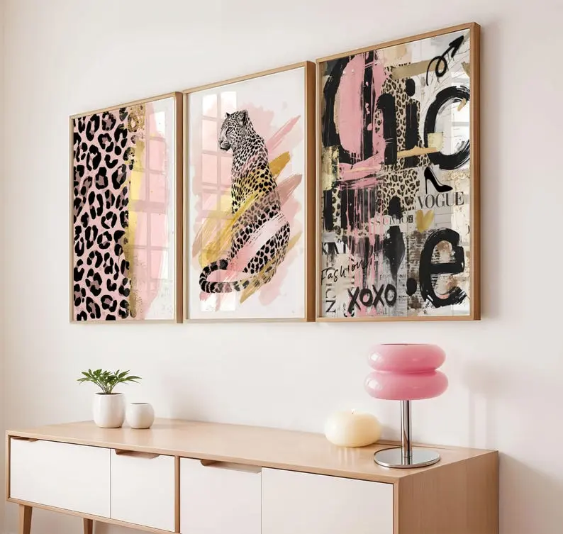Leopard Gallery Wall Set of 3 Pink and Black Fashion Collage Print Chic Modern Decor Luxury Jungle