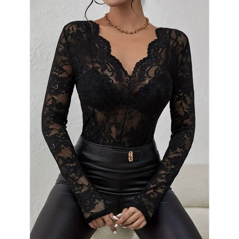 New spring/autumn sexy floral lace top, women's see-through mesh top